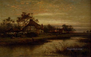  Cottage Oil Painting - Worcestershire Cottage Homes Evening Benjamin Williams Leader
